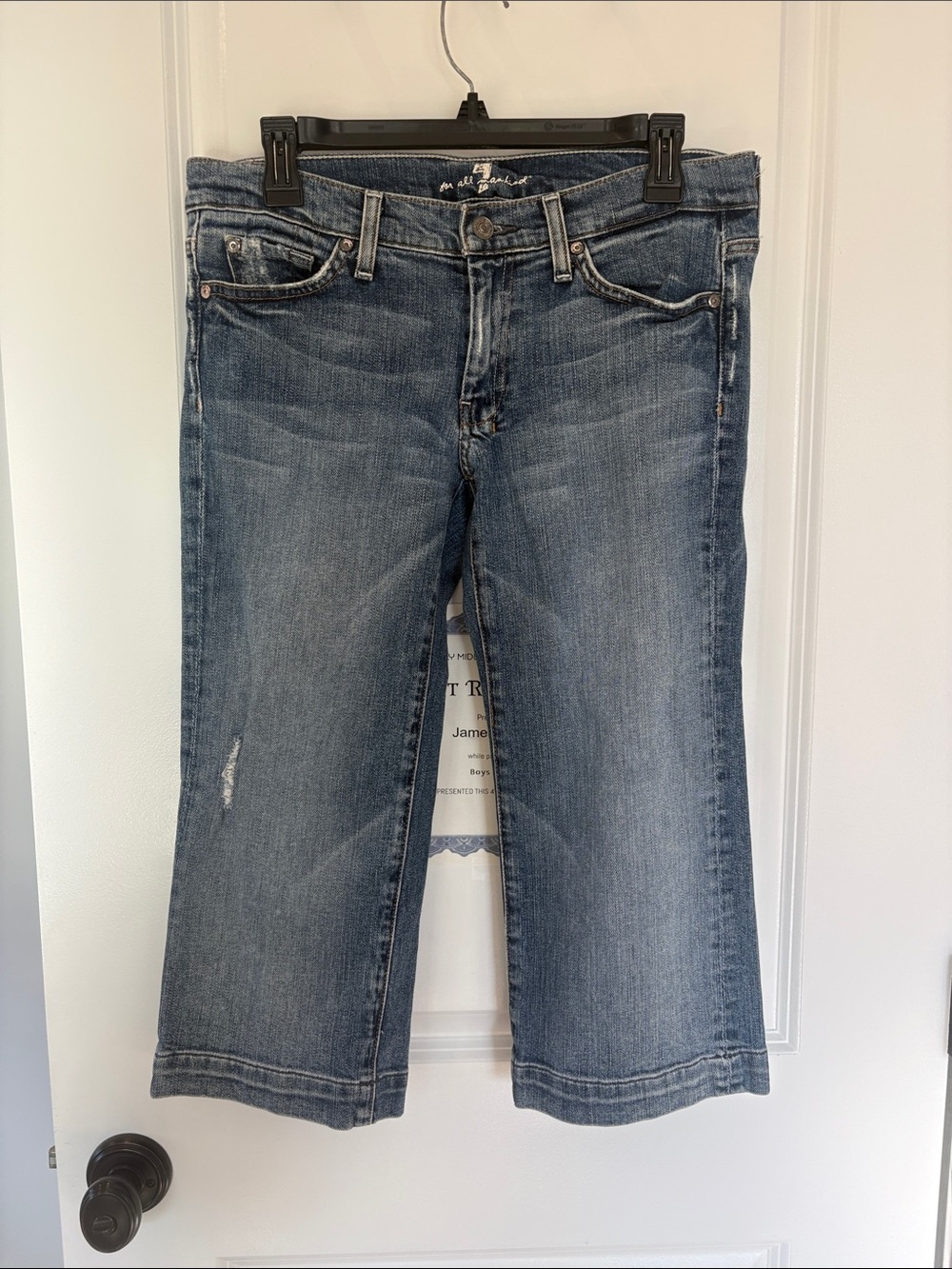 7 For All Mankind Medium Distressed Wash Wide Leg Cropped Jeans